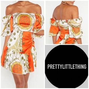 PrettyLittleThing Orange and White Off-Shoulder Midi Dress nwt